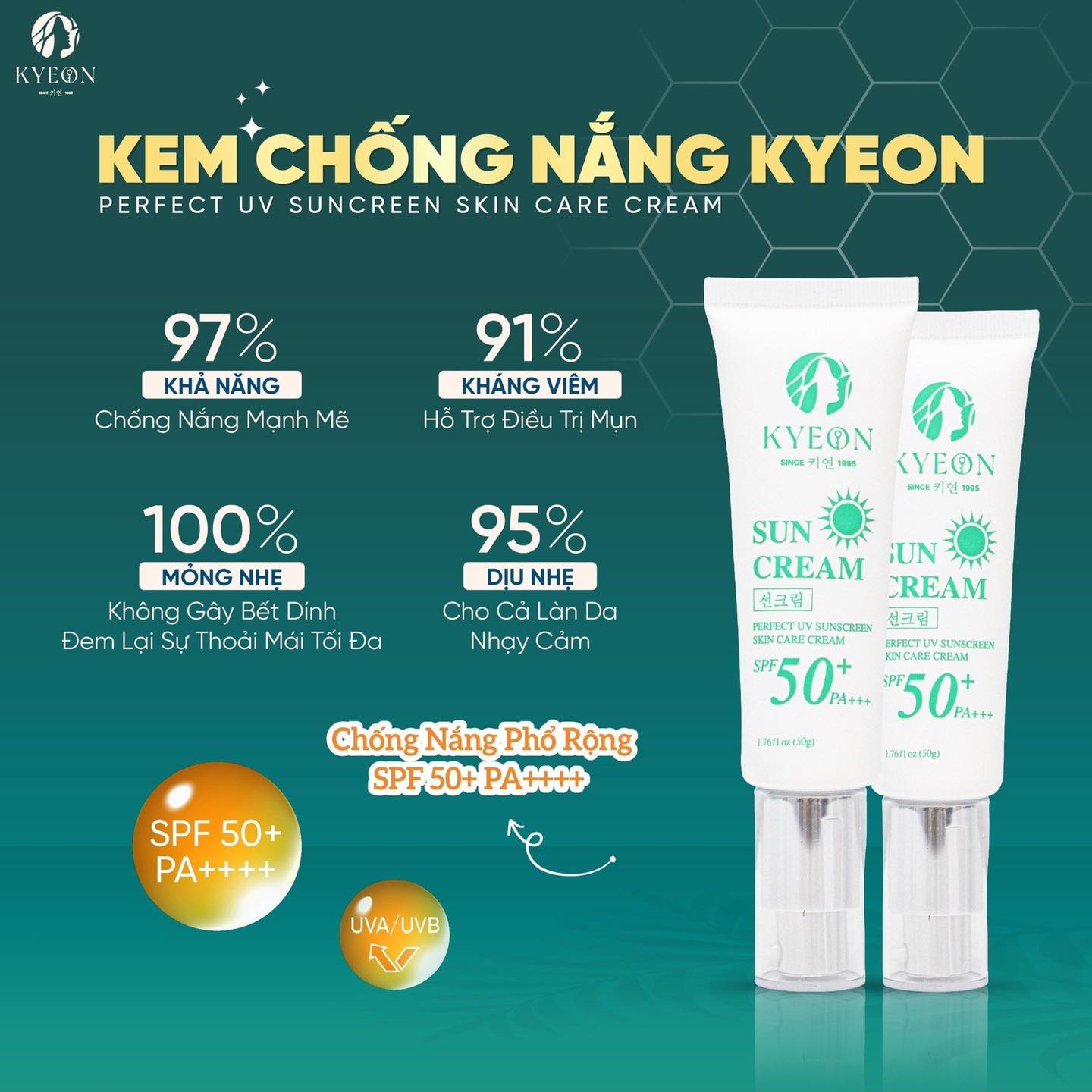 Kem chống nắng Kyeon thấm cực nhanh, kiềm dầu, chống nắng mạnh mẽ trong 8h